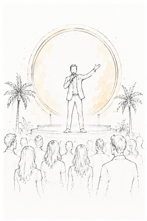 A host addresses the audience from a stage