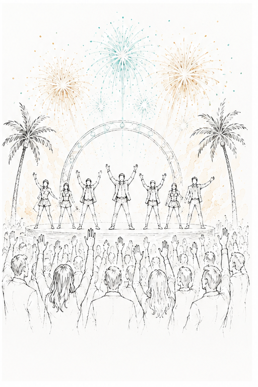 The full cast on stage with fireworks at midnight